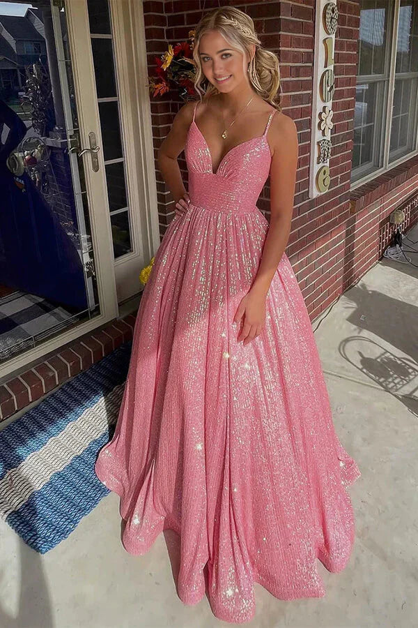 Vestidos de fiesta con escote en V, tirantes finos y corte A con bolsillos